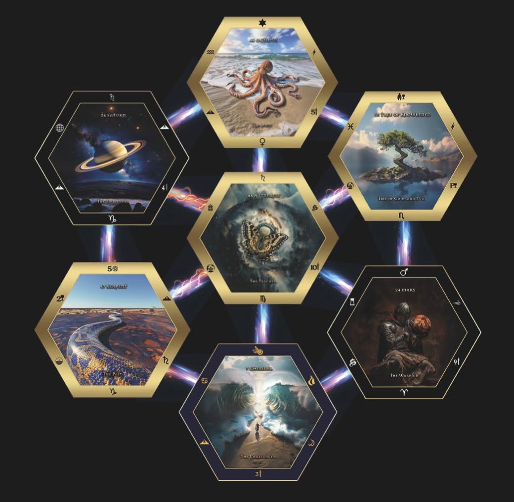 Seven real hexagonal cards arranged as a constellation: Octopus, Saturn, Tree of Knowledge, Butterfly, Serpent, Mars and Challenger