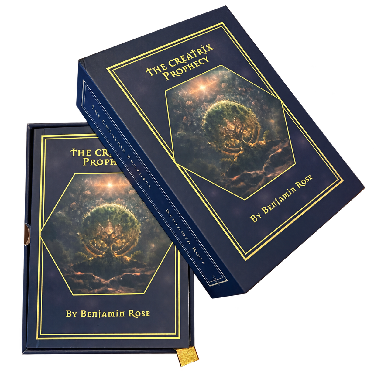The physical Creatrix companion storybook and navy-and-gold presentation box, shown together