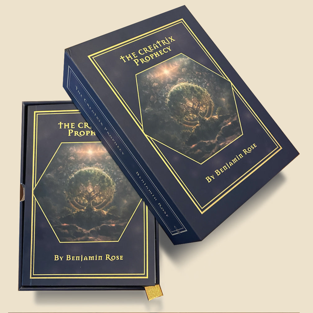 The Creatrix Prophecy First Edition navy-and-gold presentation box and companion storybook